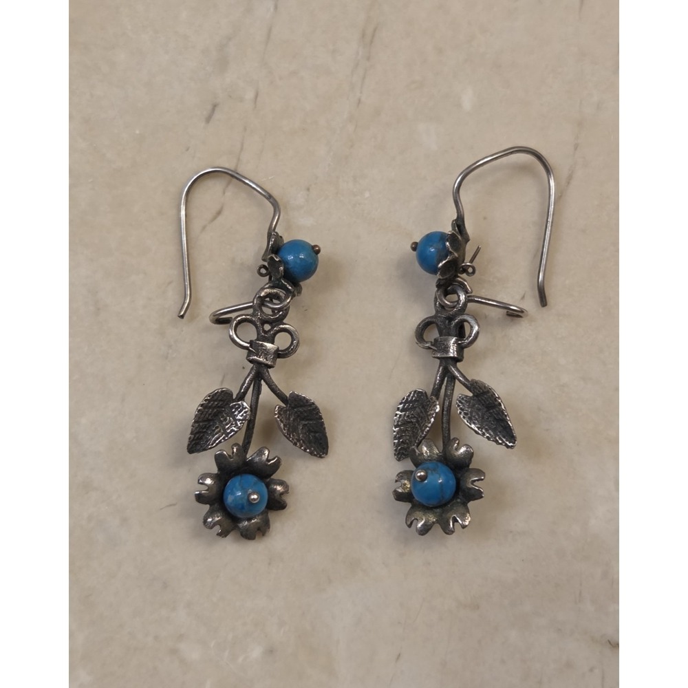 Vintage Zuni Sterling Silver & Turquoise Sunflower Dangle Earrings Signed Native - Picture 3 of 5